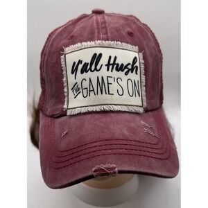 Y'all Hush The Game's On Trucker Hat Maroon Distressed Mesh Snapback Funny Patch